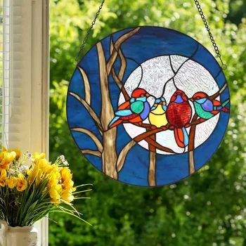 Négy madarakat festett üveg ablak lóg művészeti medált, láncot, üvegfestés, művészet