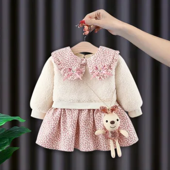 Téli lány baba ruha ruha újszülött 1. szülinapi bárány gyapjú bársony vastag meleg virágos ruha lányoknak bébi ruházat, ruha