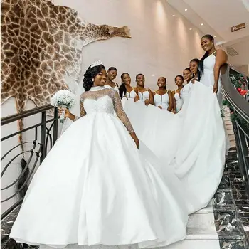 Modern Afrikai Magas Nyakú Teljes Gyöngyök Flitterekkel Esküvői Ruhák Vestido De Noiva Hosszú Ujjú Szatén Menyasszonyi Ruhák