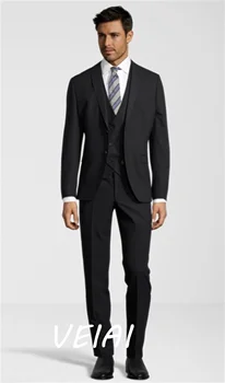 Jóképű, magas, Fekete Férfi Luxus Ruha Szabott Férfi Esküvői Szmoking Slim Fit Vőlegény Viselni, Vacsora, Bál Blézer 3PCS(Kabát+Nadrág)