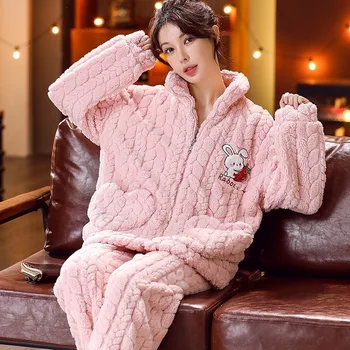 Téli Pizsama Női Korall Bársony Terítő Megvastagodott Plusz Hálóruházat Nők Háztartási Felszerelés Famale Cipzáras Ruha Outsidewear