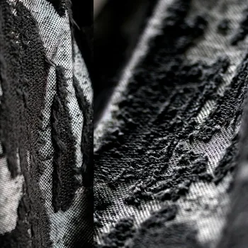 Művészi, fekete-szürke három-dimenziós nehéz mintás jacquard szövet átalakulása kötött ruha tervező szövet