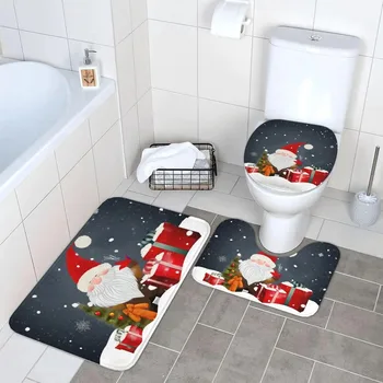 Boldog Karácsonyt Gnome Ajándékok, Fürdő, Szőnyegek, 3 Darabos Készlet Fürdőszoba Szőnyeg U-Alakú Wc Talapzat Wc Szőnyeg Fedél Fedél Csúszásmentes Szőnyeg