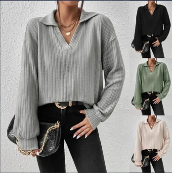 Női Pólók, Hosszú Ujjú Egyszínű Maximum Laza Laza Pólók Office Lady V-Nyak Hazajönni Gallér Pullovers Slim Fit Ősz