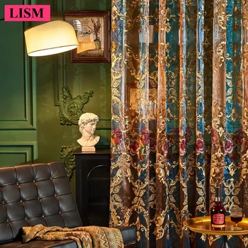 Új Luxus Géz Függönyt a nappaliban, Hálószobában Retro Jacquard Üreges Hímzés Áttetsző Ablak Dekoráció Egyéni Csillogó Tüll