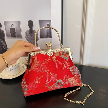 hímzett női táska táska Lány Japán kimonó stílusú táska divat Fém keret válltáska díszes kors női táska