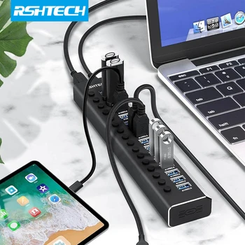 RSHTECH 100W Teljesítményű USB 3.0 Hub 16 Port Bővítő 5Gbps USB Elosztó Kapcsolók hálózati Adapter Laptop Kiegészítők MacBook