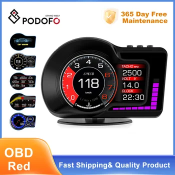 Podofo HUD OBD2+Autós GPS Digitális Sebességmérő Head Up Display fordulatszám-túllépés Riasztás RPM Víz Hőmérséklete Turbo Nyomás Univerzális