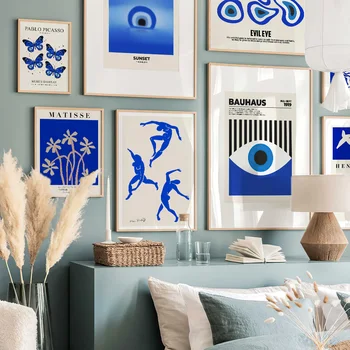 Kék Bauhaus Matisse Andy Warhol Pillangó Botanikus Wall Art Vászon Festmény, Poszterek, Nyomatok, Képek Nappali Dekor
