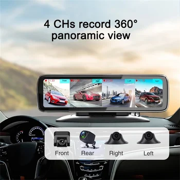 360° - os Panoráma Műszerfal Autó DVR 12 Hüvelykes érintőképernyő, 4 Csatornás FHD 1080P IPS Videó Felvevő 4 Osztott Képernyős Kijelző, Kamera