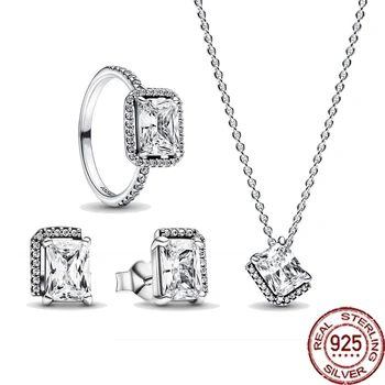 Női Ékszerek 925 Sterling Ezüst Téglalap Fényes Glória Nyaklánc, Gyűrű, Fülbevaló Szett Gyönyörű Igézet Divat Ékszer Ajándék