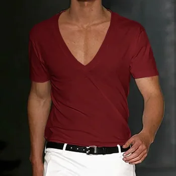 A3055 Férfi póló, Rövidnadrág Sleeve Mély, V-Nyakú Felsők egyszínű Túlméretezett Póló Férfi Streetwear Laza Pulóver póló Tavasz